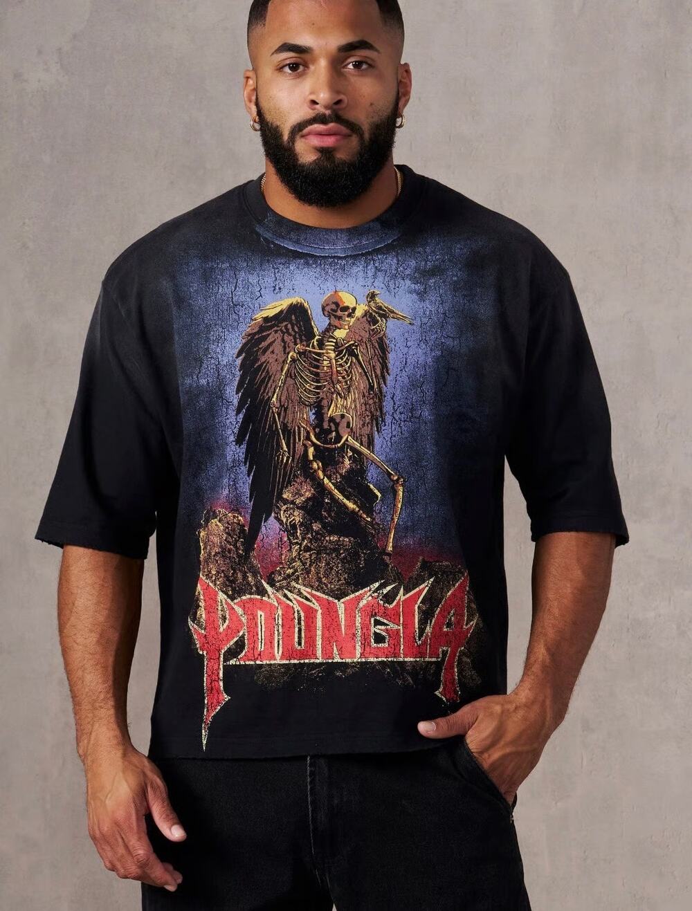 YoungLA 4201 Nocturnal Tee Angel of Dawn Large Black Skeleton Graphic Shirt